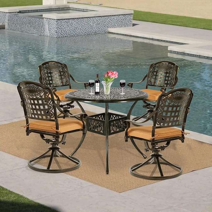 VIVIJASON 5-Piece Outdoor Patio Dining Set, All-Weather Cast Aluminum Conversation Set, Patio Furniture Set for Balcony Lawn Garden, Include 4 Swivel Cushioned Chairs, 1 Round Table w/Umbrella Hole