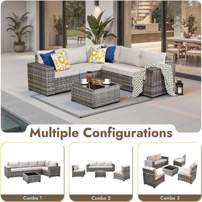 6 Pieces Patio Furniture Set, Wicker Outdoor Sectional Sofa with Coffee Table Comfy Cushions, Modern Modular Deep Seat Rattan Couch Conversation Set for Backyard Porch Yard,Beige