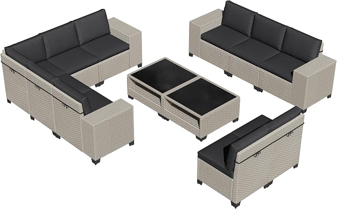 12-Piece Outdoor Patio Furniture Set, Modular Sectional Sofa Set with Glass Coffee Table and Cushions, Wicker Outdoor Couch Conversation Sets, Black