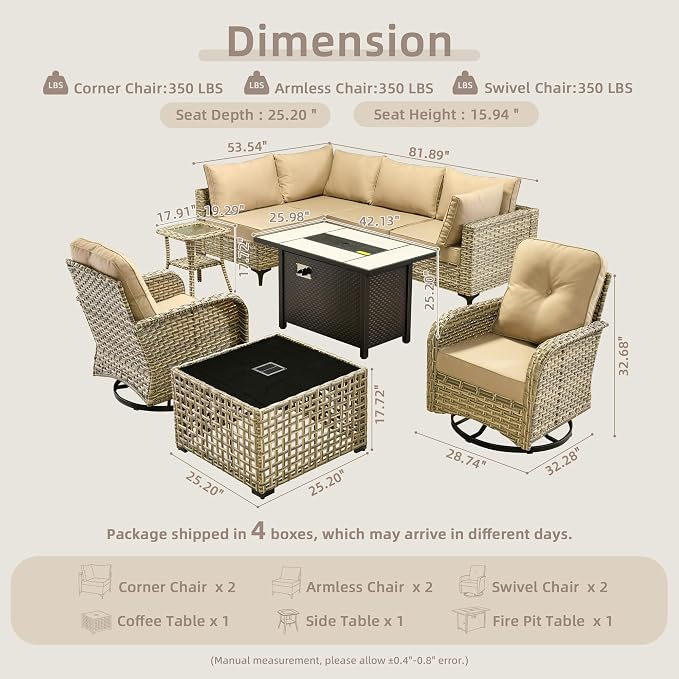 CAODOC 9-Piece Outdoor Sectional Sofa Set w/ 42" Fire Pit – L-Shaped Wicker Patio Furniture, Deep Seating & Swivel Rockers,Beige