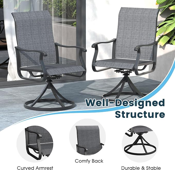 7 Pieces Patio Furniture Dining Set, 6 Textilene Swivel Dining Chairs, 53" Outdoor Round Metal Table with 1.57" Umbrella Hole, Outdoor Dining Set for Porch, Lawn, Garden, Black/Black