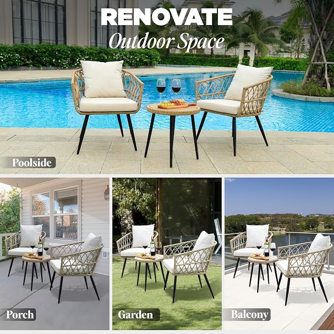 Idzo Heavy Duty 500lbs Weight Capacity Wicker Bistro Table and Chairs Set of 2 with Premium Olefin Fabric Soft Cushions