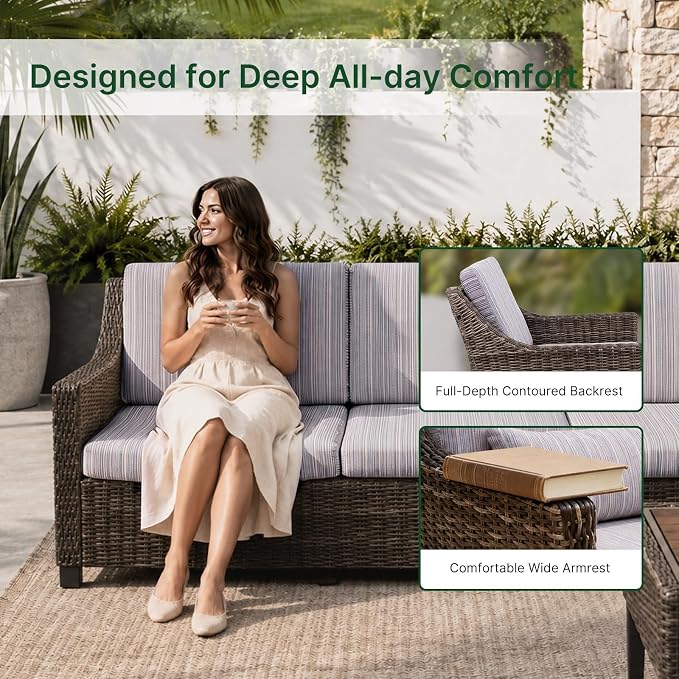 Wicker Patio Conversation Set, Outdoor Patio Furniture Set with Deep Seating, Wide Armrests & Thick Cushions, All-Weather Outdoor Furniture Set for Patio, Porch, Deck & Backyard