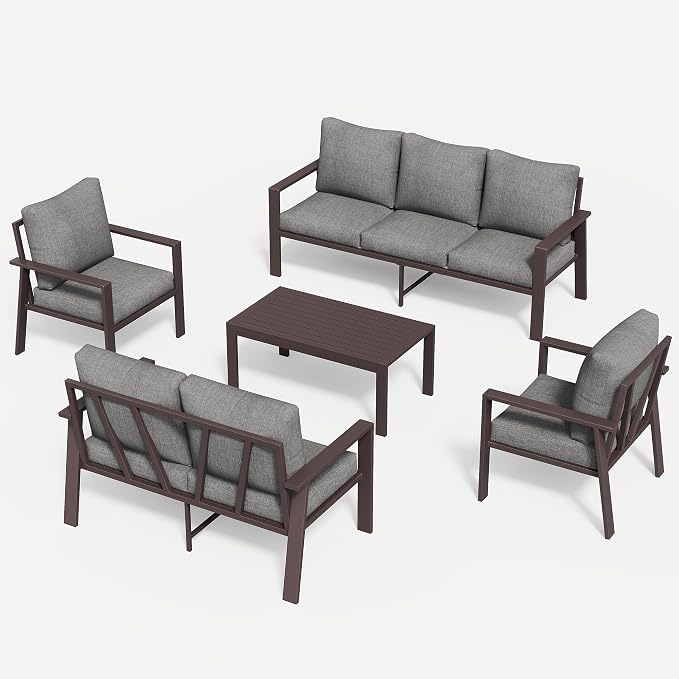 Aluminum Patio Furniture Set 5 Pieces Modern Patio Conversation Sets for Porch, Deck, Garden, 7-Seat Outdoor Furniture Metal Sofa Set with 4" Water-Resistant Cushion & Coffee Table,Gray