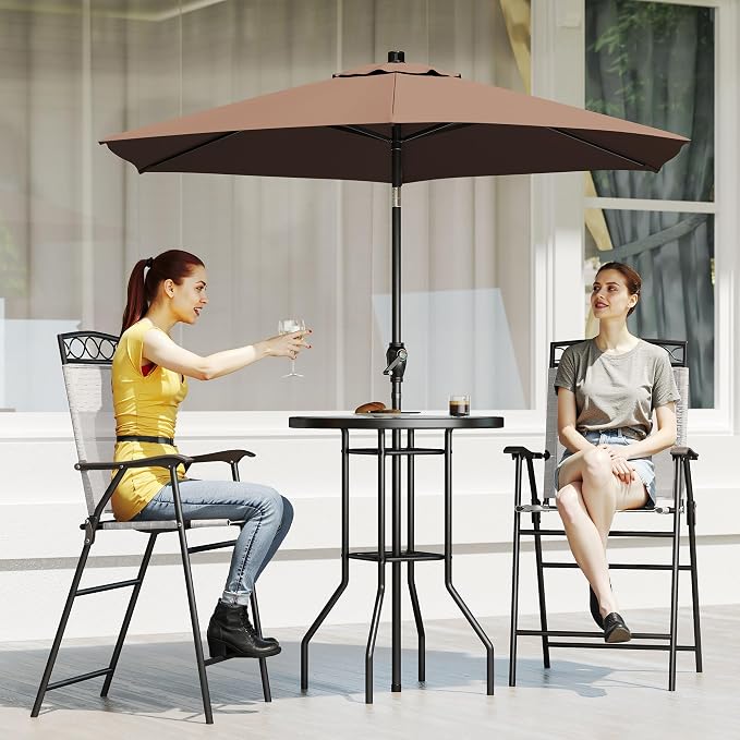 Outsunny 4 Piece Outdoor Patio Dining Furniture Set, 2 Folding Chairs, Adjustable Angle Umbrella, Wave Textured Tempered Glass Dinner Table, Beige