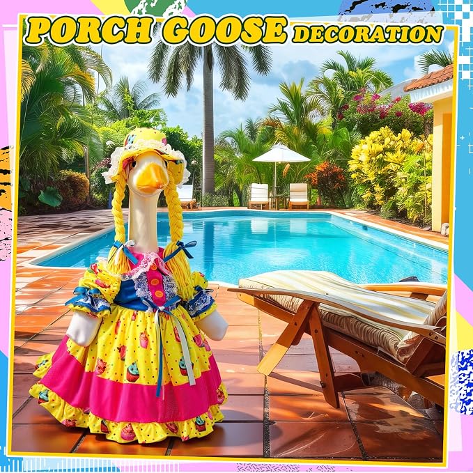 Birthday Porch Goose Dress Outfit Summer Goose Clothes Back to School Classroom Decor for 23" High Cement Plastic Geese Costume for Yard Lawn Outdoor Garden Duck Statue Carnival Circus Holiday Decor