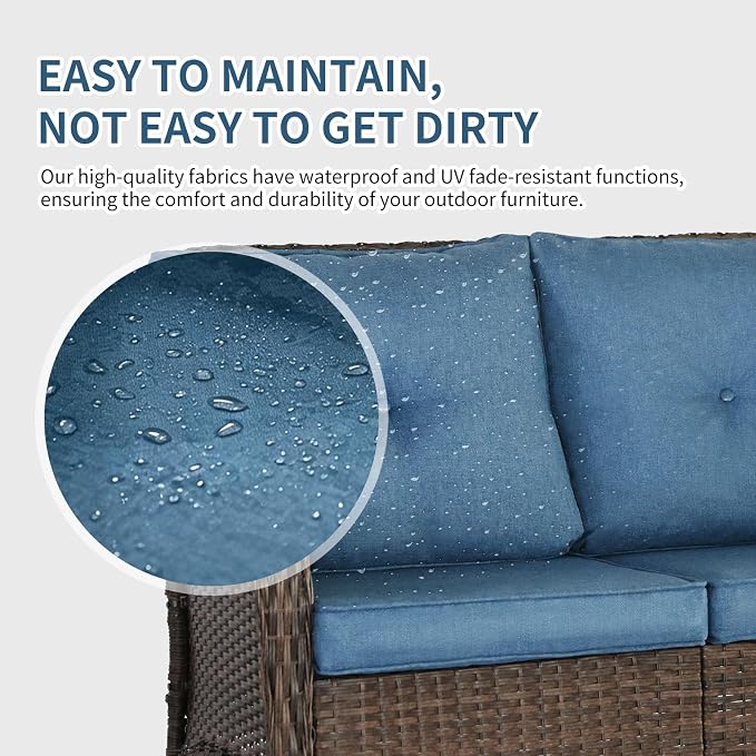 Outdoor Swivel Rocker Patio Chairs (Brown Wicker/Blue Cushion, 6PC/Sofa & Chair &Coffee Table & Ottomans)