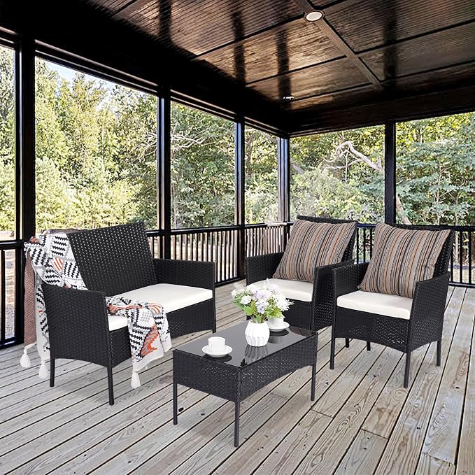 Patio Furniture Set,4 Piece Garden Conversation Set, Outdoor Wicker Rattan Table and Chairs, Black Patio Set, Sectional Sofa with Thick Cushion for Garden, Yard, or Porch (Black/Beige)