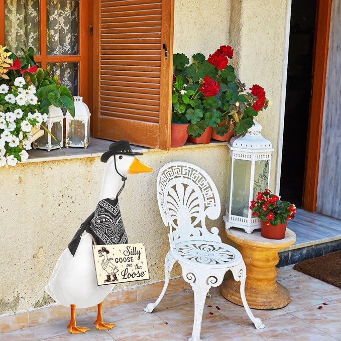 Funny Porch Goose Outfit Decoration Set Silly Goose on The Loose Hangings Sign Cowboy with Outfit Cowboy Hat Bandana for 23" Cement/Plastic Outdoor Statue Patio Yard Lawn Art(Black)