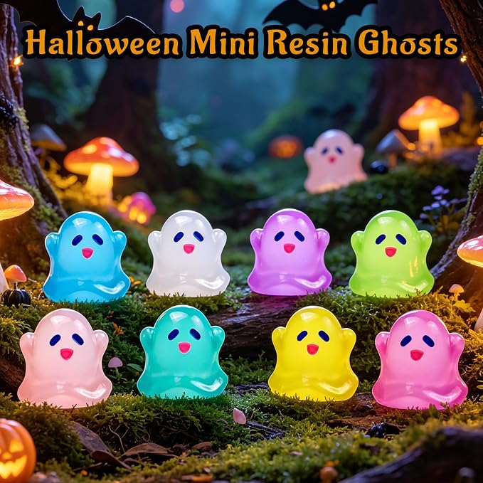 80 Pcs Halloween Luminous Mini Resin Ghost Figures Miniature Figurines | Tiny Little Plastic Ghost Statues Glow in the Dark, Halloween Vase Filler Micro Landscape Fairy Garden Party Decor