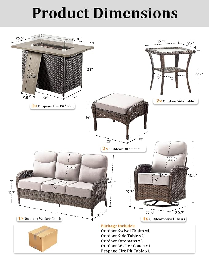 10-Piece Luxury Patio Furniture Set with 42.5" Fire Pit Table, Outdoor Wicker Sofa Couch & Swivel Rocker Chairs with 6-inch Thick Cushion, Conversation Set for Poolside, Deck & Yard - Beige