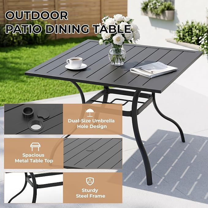 Anmutig 5 Piece Patio Dining Set, Outdoor Stackable Chairs and 35" Square Metal Patio Table with 1.57" Umbrella Hole for Garden Backyard Deck, Red