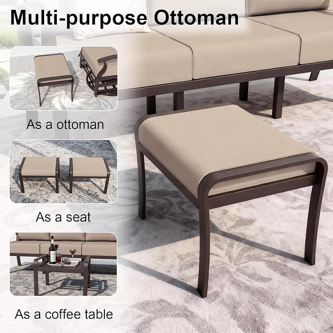 ALAULM Aluminum Patio Furniture Set with Coffee Table Rectangular, 9-seat Outdoor Sectional Furniture w/Swivel Chairs and 2 Ottomans, Patio Conversation Set for Porch, Backyard, Poolside-Sand