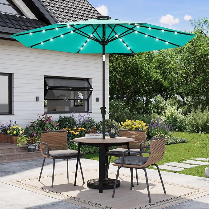 Garvee 9FT Solar Patio Umbrella with 32 LED Lights - Outdoor Table Umbrella with Crank Lift, Push Button Tilt and 8 Sturdy Ribs - Market Umbrella UV Protection for Pool, Deck, Yard, Garden -Sky Blue