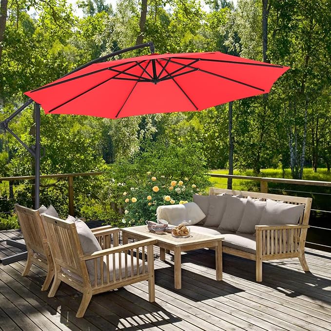 ABCCANOPY 10FT Cantilever Patio Umbrella with base included, 360° Rotation Outdoor Offset Umbrella for Backyard, Deck, Poolside (Red)