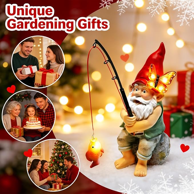 Solar Garden Gnome Statues, Outdoor Fishing Gnome with Butterfly Solar Lights Waterproof, Birthday Gifts for Mom Women Mother's Day, Garden Figurines for Yard Decor Patio Porch Lawn Ornaments