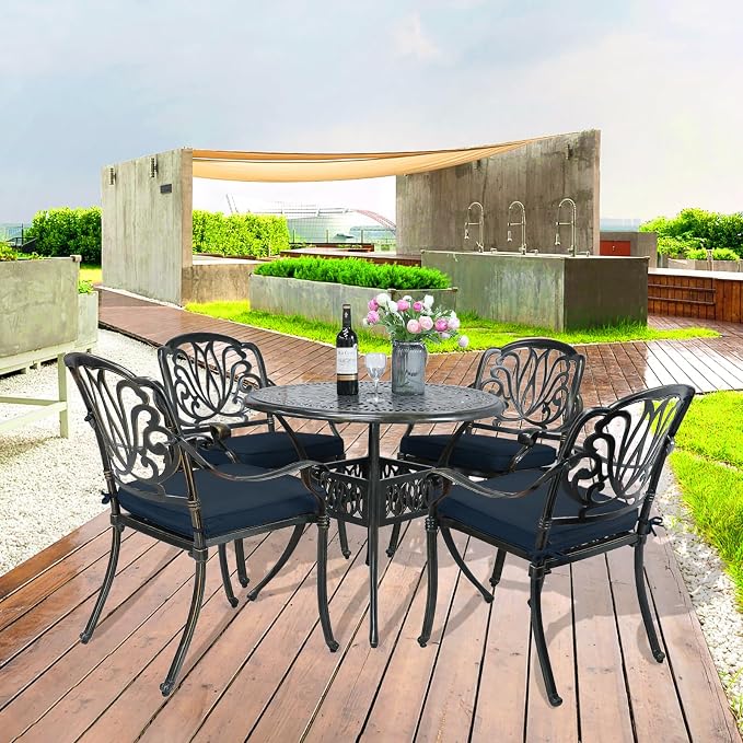 VIVIJASON 5-Piece Outdoor Patio Dining Set, All-Weather Cast Aluminum Conversation Set, Patio Furniture Set Include 4 Cushioned Chairs, a 35.4 inch Round Table w/Umbrella Hole, Navy Blue Cushion
