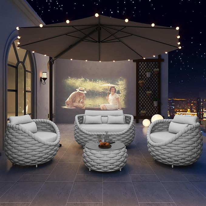 TWT Outdoor Patio Furniture Set-5 Pieces Aluminum Sectional Sofa, Metal Patio Conversation Set with Loveseat & Armchair, Textile Rope and Coffee Table, Light Grey