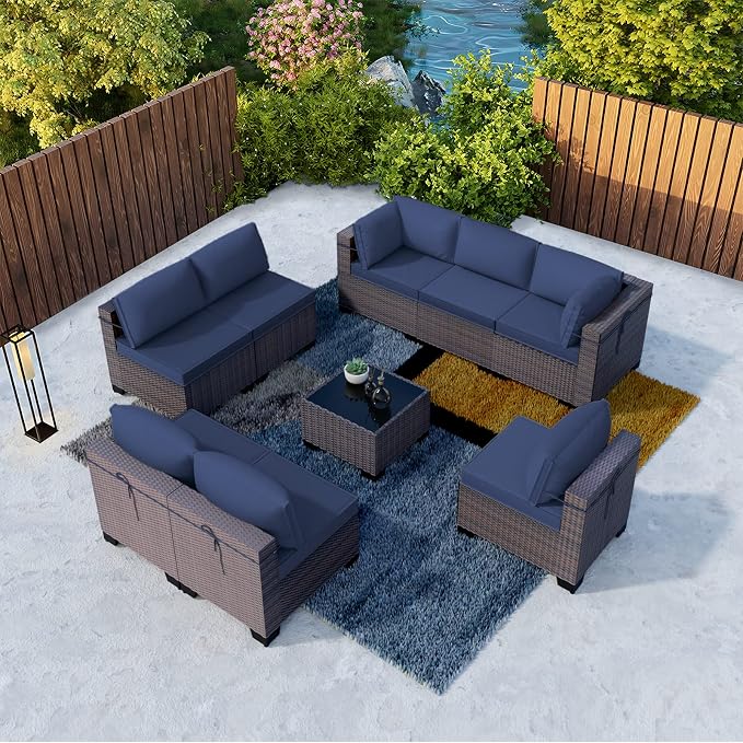 Kullavik 9 Pieces Outdoor Patio Furniture Set,Outdoor Sectional Rattan Sofa Set Brown PE Rattan Wicker Patio Conversation Set with Tempered Glass Coffee Table and Washable Cushions Covers,Navy Blue