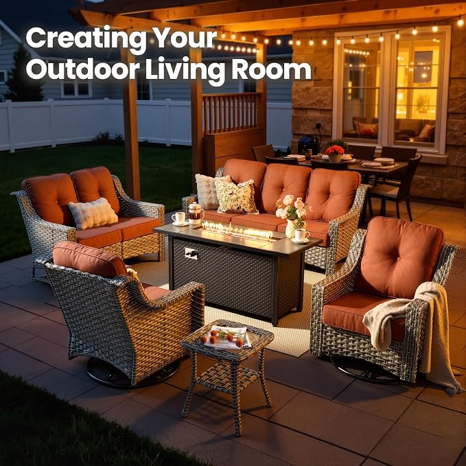 6 Piece Patio Furniture Set with Fire Pit Table, Conversation Sets with High Back Swivel Rocker Chairs, Outdoor Wicker Sofa Loveseat with Comfy Cushion for Backyard Deck Garden, Bold Orange