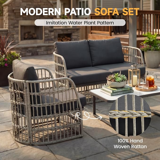 4 Piece Patio Furniture Set, Modern Patio Conversation Set for 4, Rattan Patio Sectional Sofa with Cushions, Backyard Furniture Outdoor Couch with Coffee Table for Deck/Balcony/Porch, Grey