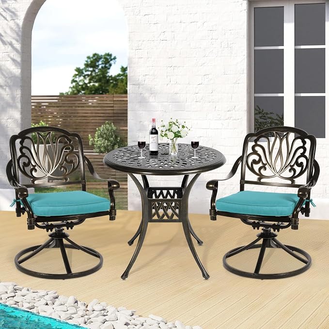 3-Piece Outdoor Patio Dining Set, All-Weather Cast Aluminum Patio Furniture Set for Backyard Garden Deck with 2 Swivel Cushioned Chairs and 31” Round Table, 2" Umbrella Hole, Ocean Blue