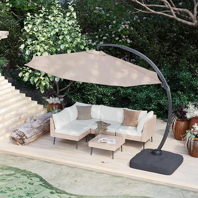 ENSTVER 11FT Cantilever Patio Umbrella With Base Included, Round Large Aluminum Outdoor Cantilever, Heavy Duty Offset Umbrella with 360°Rotation for Pool, Deck, Backyard, Garden(Khaki)
