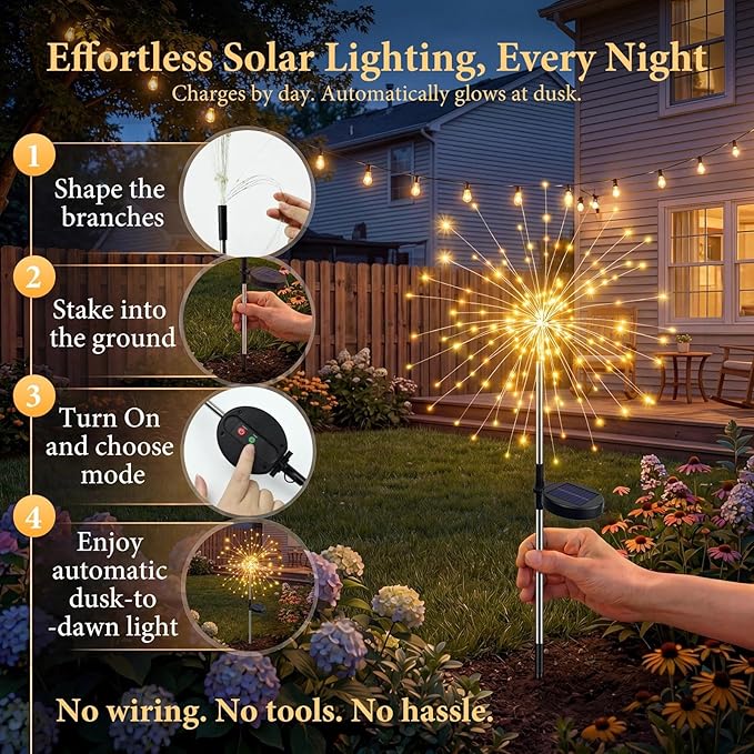 Solar Firework Lights, 8 Pack 120 LEDs 8 Lighting Modes Twinkle Solar Garden Lights Outdoor Waterproof for Yard Patio Walkway Pathway Party Wedding Balcony Decorative- Warm White