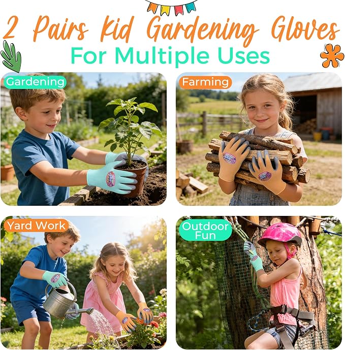 HANDLANDY 2 Pairs Kids Gardening Gloves, Grippy Kids Work Gloves, M | Foam Nitrile Coated Children Toddler Garden Yard Work Cycling Outdoor Playing Gloves for Girls Boys