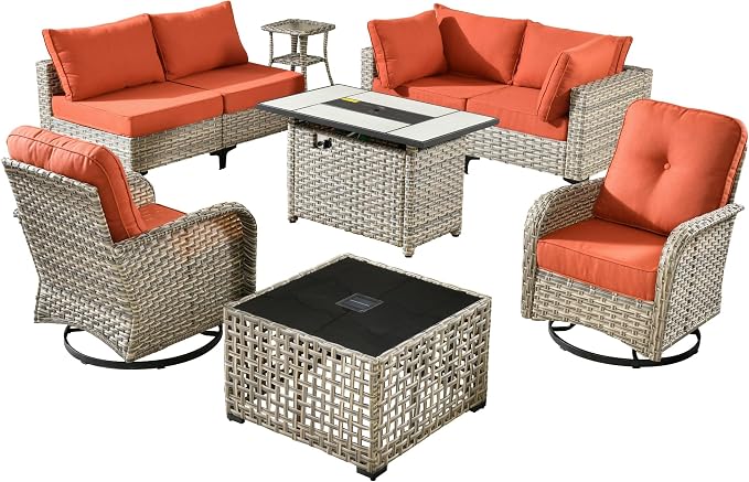 Outdoor Patio Furniture Sets,9 PCS Patio Conversation Set Outside Rattan Sectional Sofa with 42 in Square Fire Pit Table Wicker Rocking Chair Coffee Table Fit Backyard Garden Poolside Balcony
