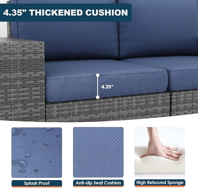7 Piece Patio Furniture Set with Fire Pit Table, Outdoor Conversation Sets Wicker Rattan Sectional Sofa with Coffee Table for Patio Garden Backyard, 4'' Thickened Cushion Navy Blue