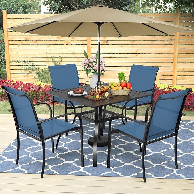 5-Piece Patio Dining Set with Umbrella,4 Person Outdoor Table and Chairs Set, 4 Metal Dining Chairs and Square Outdoor Table with 1.57" Umbrella Hole,Blue