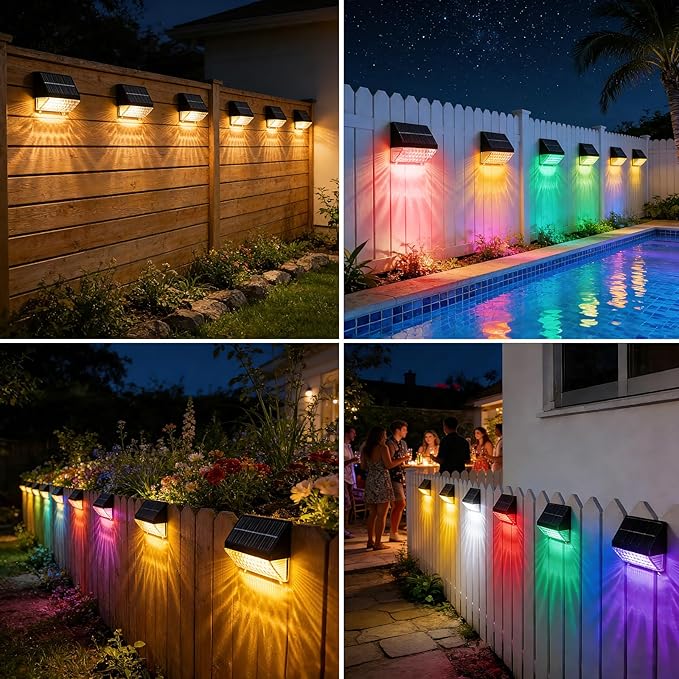FVTLED Solar Fence Lights Outdoor, RGBW Color Changing Solar Wall Lights Outdoor with Remote Control, Waterproof LED Deck Light for Garden Yard Patio Deck Step Patio Wall (6 Pack)