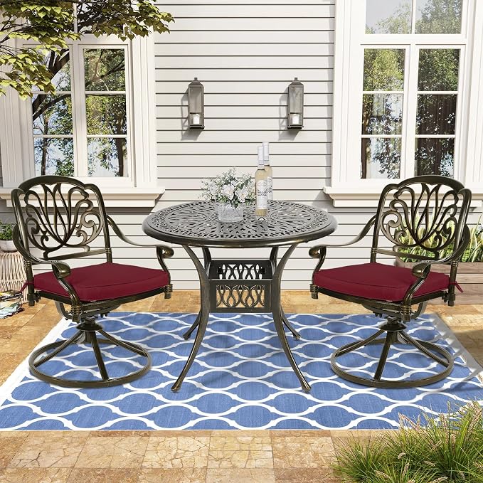 VIVIJASON 3-Piece Patio Furniture Dining Set, Outdoor All-Weather Cast Aluminum Bistro Set, Include 2 Swivel Chairs and 35.4" Round Table w/Umbrella Hole for Balcony, Lawn, Garden (Red Cushion)