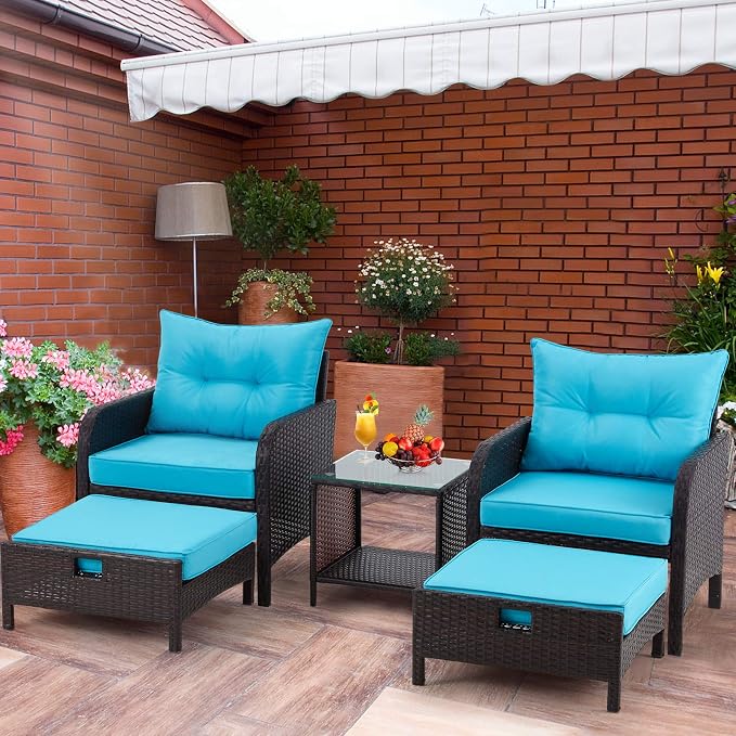 AVAWING 5 Pieces Patio Furniture Set, Outdoor Rattan Chairs with Tempered Glass Coffee Table, Ottomans & Soft Cushions, Wicker Conversation Bistro Set for Garden, Porch, Deck, Balcony (Blue)