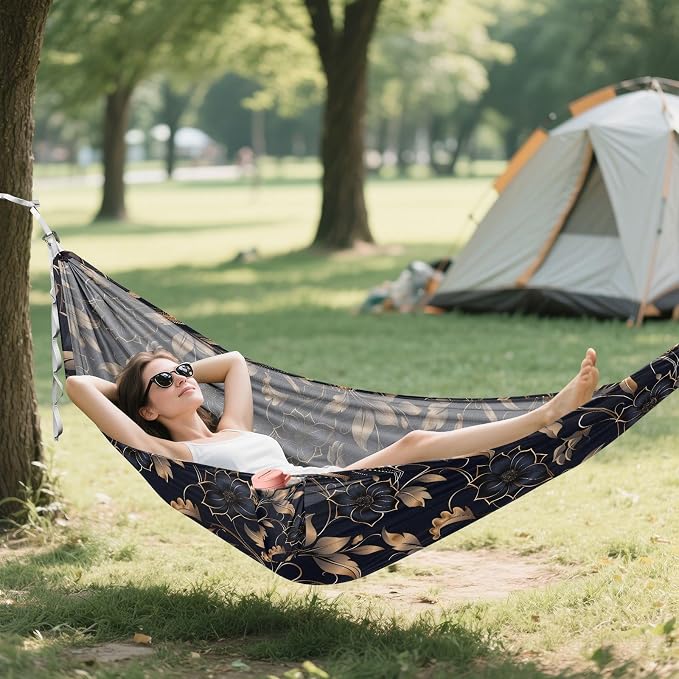 Camping Hammock Outdoor Hammocks for Outside Navy Gold Flower Beach Trees Portable Lightweight with Pockets Tree Straps Indoor