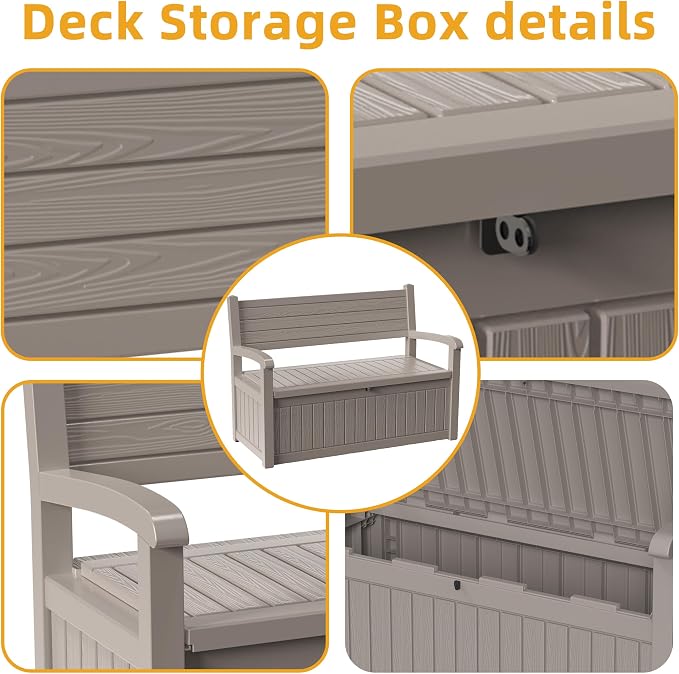 EasyUp 80 Gallon Outdoor Storage Bench Lockable Deck Box Outdoor Storage Box Waterproof for Patio,Garden,and Porch – Perfect for Storing Garden Tools and Cushions(Grey Srtipe)