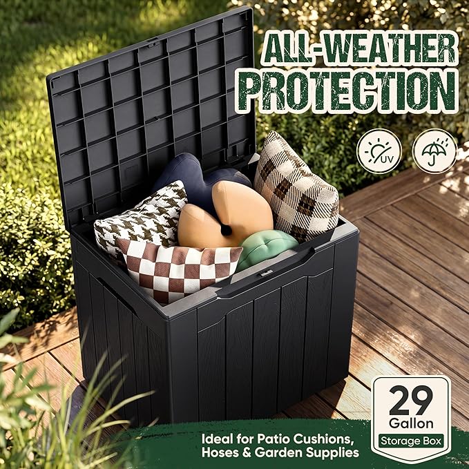 Devoko 29 Gallon Waterproof Outdoor Storage Box Resin Deck Box Lockable and UV Resistant for Patio Furniture, Garden Tools (Black, 29 Gallon)