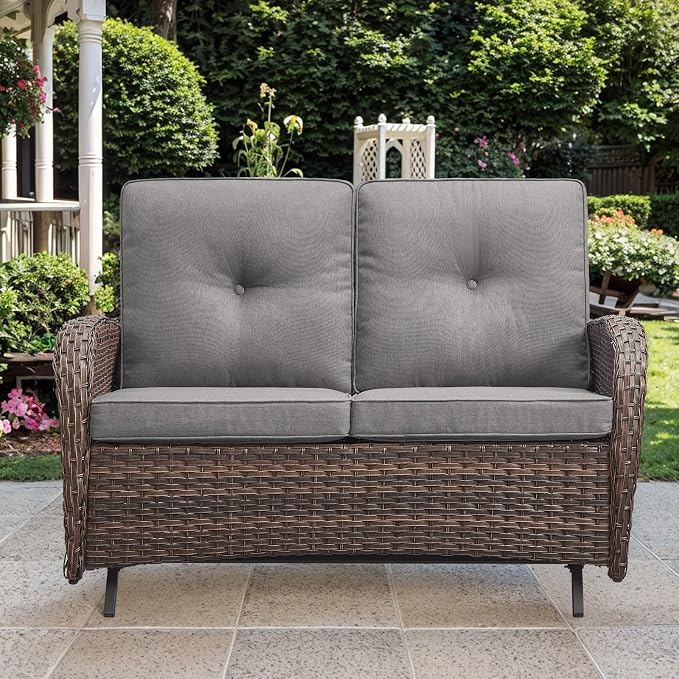 Patio Loveseat Wicker Loveseat Rattan Glider Sofa with Curved Armrest Thicking Back & Seat Cushions for Garden Balcony Backyard Brown Wicker|Grey Cushions (B) Patio Loveseat Glider