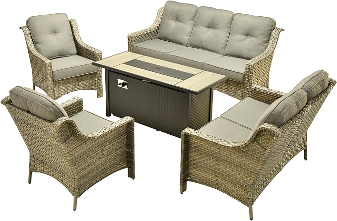 Outdoor Patio Furniture Sets, 5 PCS Patio Conversation Set Outside Rattan Sofa with 54 in Fire Pit Table Comfy Cushions Fit Backyard Porch Garden Poolside Balcony,Dark Grey