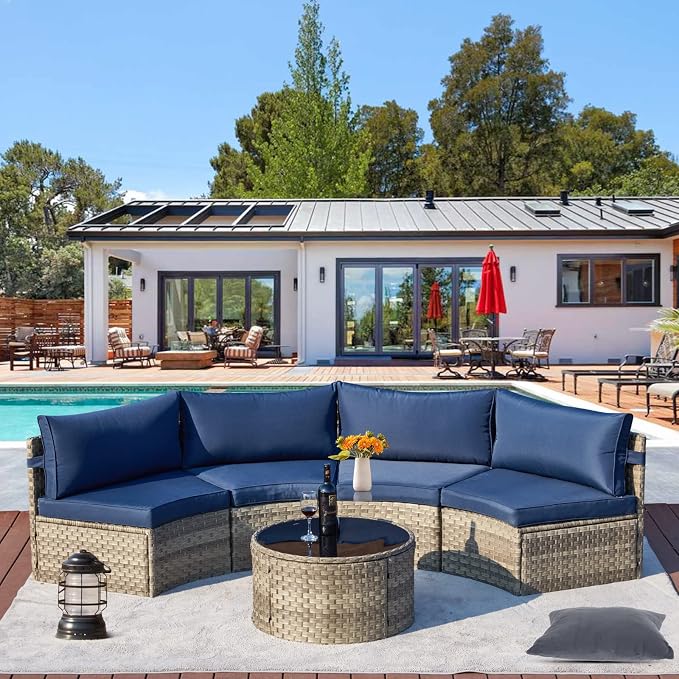 ECOTOUGE 7 Piece Outdoor Half Moon Furniture, Wicker Patio Sectional Conversation Set with 2 Storage Armrests and Circle Glass Table, Gray Rattan Curved Sofa for Garden, Balcony and Back Yard (Blue)