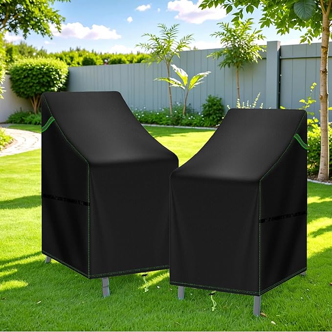 Stackable Patio Chair Covers Waterproof 2 Pack, 420D Outdoor Chair Covers for High Back Stacking Chairs, Fits 4-6 Chairs, 27" W x 35" D x 47" H, Black