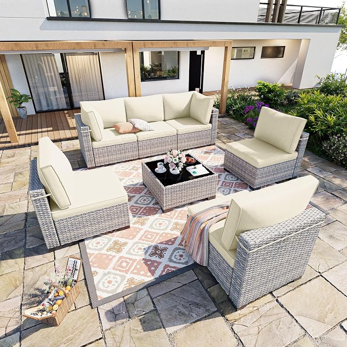 7-Piece Patio Furniture Set, Outdoor Sectional with Thick Cushions, Modular Patio Sofa, Dual-Strand Wicker Rattan, Rust-Resistant Frame, Backyard Furniture for Garden, Deck, Ivory