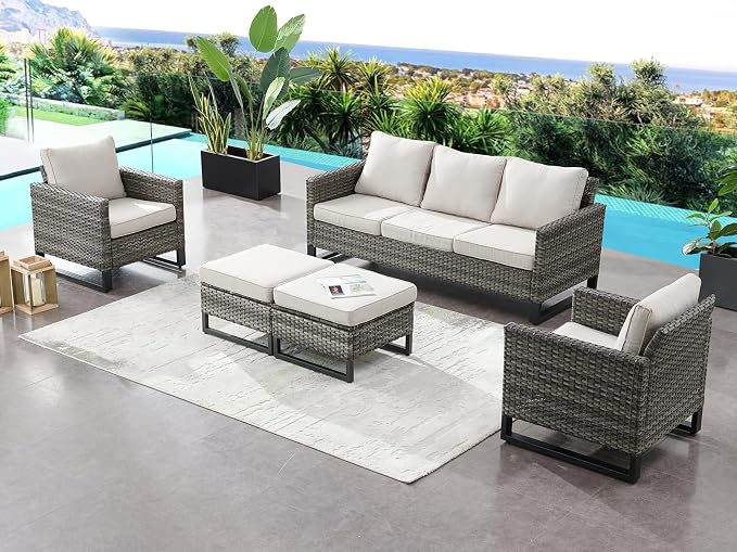 HUMMUH Outdoor Chairs PE Wicker Patio Dining Chairs Set of 2 High Back Metal Frame Porch Chairs with 4 inch Seat Cushions
