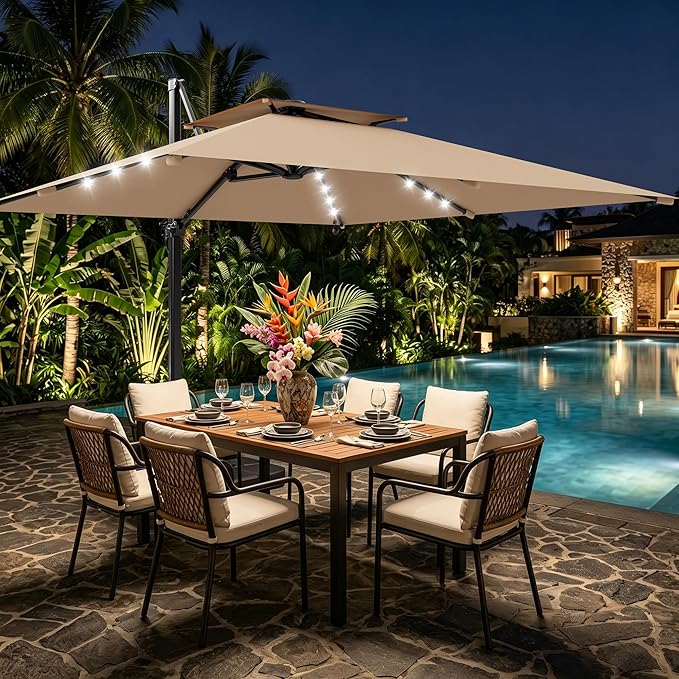 AreShark 10×10FT Solar LED Cantilever Umbrella with Base Included, Double-Top Outdoor Patio Offset with 360 Degree Rotation, Square Offset Hanging Umbrella for Garden Deck Pool, Beige