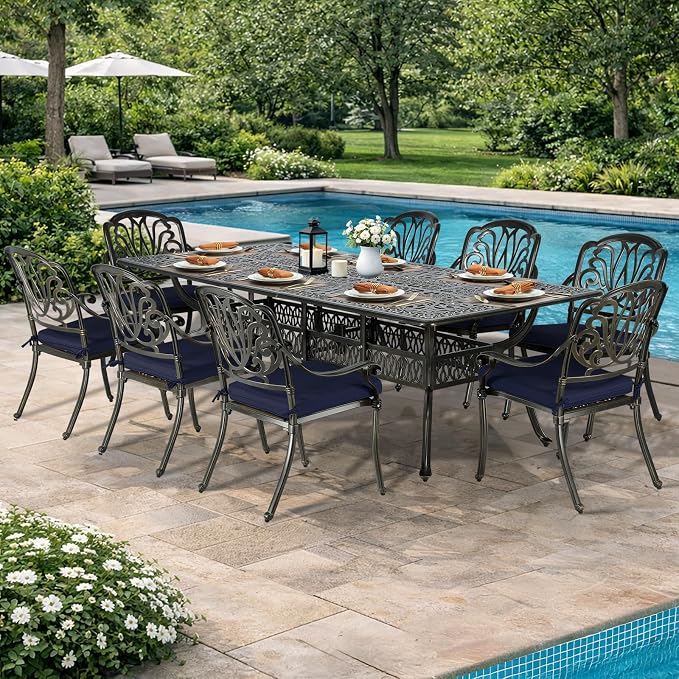 VIVIJASON 9-Piece Outdoor Dining Set, All Weather Cast Aluminum Retro Patio Furniture Table and Chairs Set for 8, Include 94.5" Rectangular Table and 8 Chairs with Umbrella Hole, Navy Blue Cushion