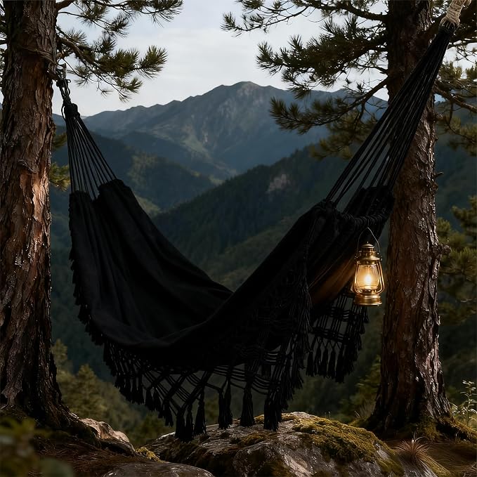Goutime Double Hammock, Macrame Boho Cotton Hammock with Hanging Ropes, Portable for Camping Patio Backyard Indoor Outdoor,485LBS Capacity (Black)