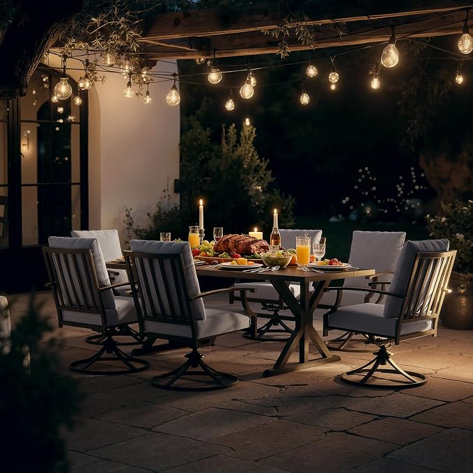 Kullavik 7 Pieces Outdoor Dining Set,Patio Dining Table and Chairs Set for 6,Fence Pattern Back Swivel Chairs with Thickened Cushions & X-Frame Metal Dining Table with Umbrella Hole for Patio,Grey