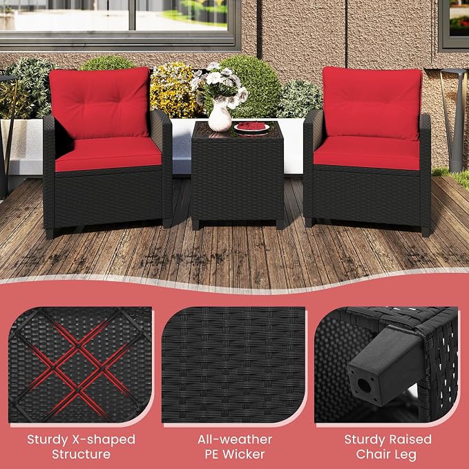 ORALNER 3 Pieces Patio Furniture Set, Wicker Conversation Set Outdoor Chairs with Cushions, Glass Coffee Table, Rattan Bistro Set for Front Porch Balcony Garden Deck Poolside (Red)