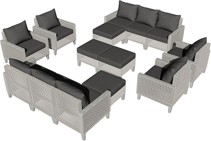 Outdoor Patio Furniture Set 14-Piece Modular Wicker Sectional Sofa with Ottomans and Thick Cushions, Modern Rattan Outdoor Conversation Couch for Garden Backyard, Black